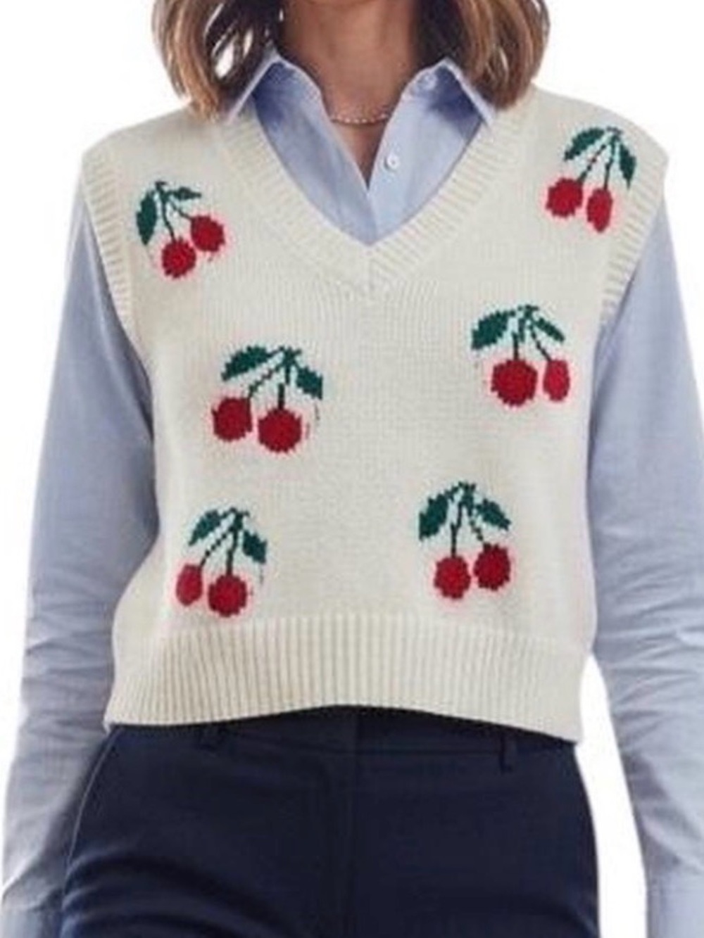 Just Polly White Cream Cherry Knit print Sweater Vest M
